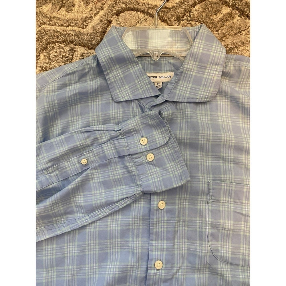 Peter Millar Classic Button Down Shirt Mens Blue Cotton Plaid Preppy Size XL